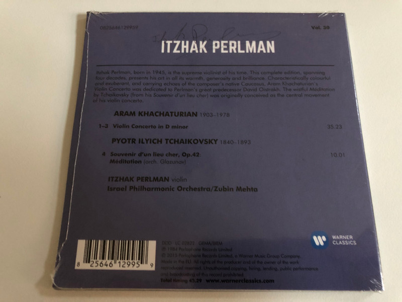 Kachaturian Violin Concerto = Violinkonzert - Tchaikovsky: Meditation Op. 42, No. 1 / Itzhak Perlman, Israel Philharmonic Orchestra, Zubin Mehta / Warner Classics Audio CD 2015 / Warner Classics Audio CD 2015 / 0825646129959