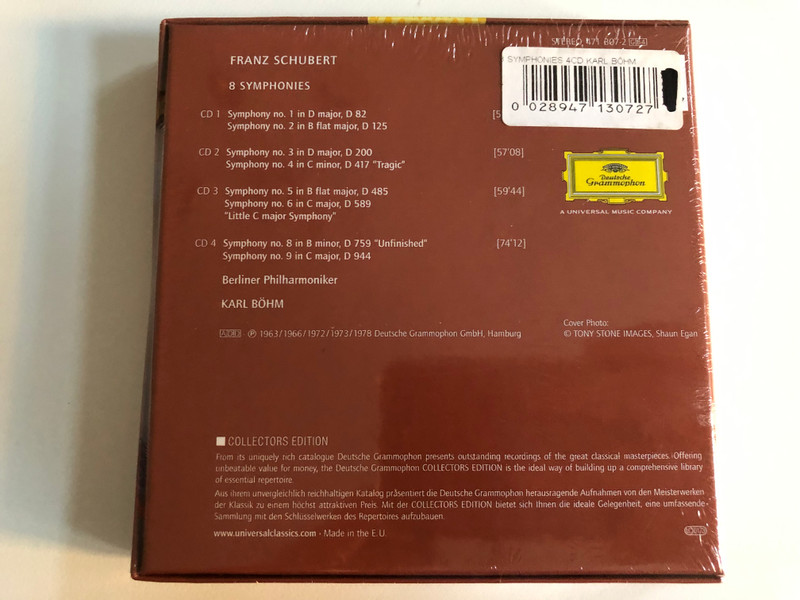Schubert: 8 Symphonies / 4 CD Box Set / Franz Schubert (Composer), Karl Bohm (Conductor), Berlin Philharmonic Orchestra / Made in the EU (0028947130727)