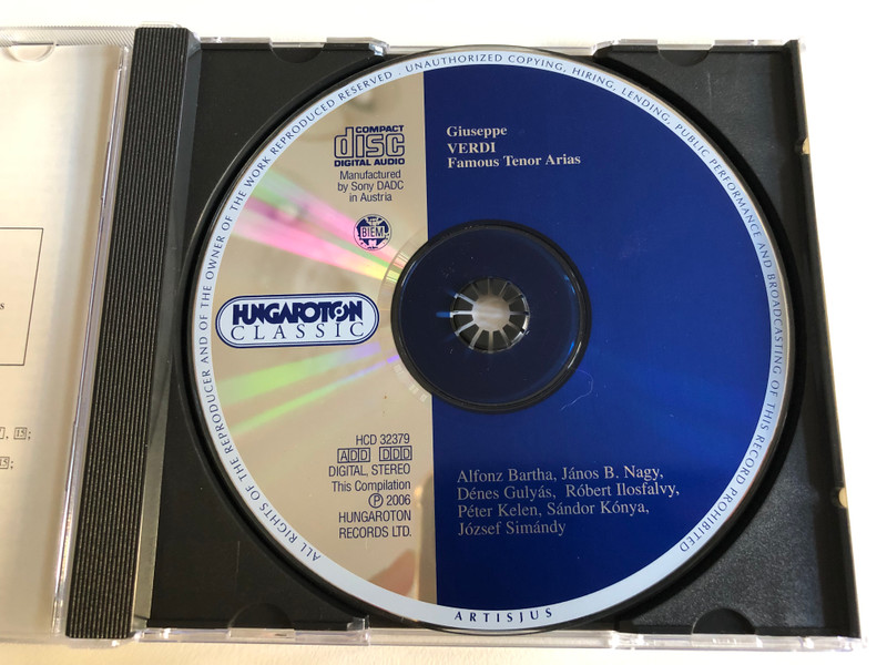 Verdi - Famous Tenor Arias / Alfonz Bartha, Janos B. Nagy, Denes Gulyas, Robert Ilosfalvy, Peter Kelen, Sandor Konya, Jozsef Simandy / Hungaroton Classic Audio CD 2006 Stereo / HCD 32379