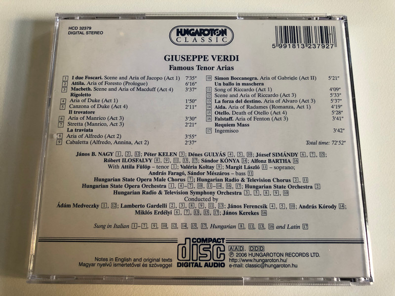 Verdi - Famous Tenor Arias / Alfonz Bartha, Janos B. Nagy, Denes Gulyas, Robert Ilosfalvy, Peter Kelen, Sandor Konya, Jozsef Simandy / Hungaroton Classic Audio CD 2006 Stereo / HCD 32379