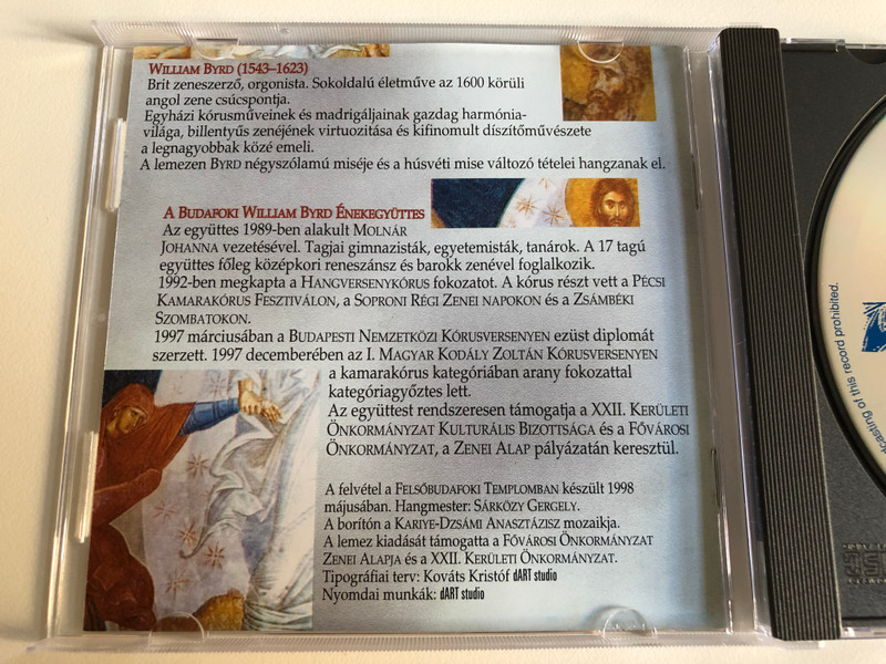 Budafoki Byrd Enekegyuttes / Cond.: Johanna Molnar / Mass For Four Voices - Proprium Missae Pascha - Byrd / Audio CD 1998