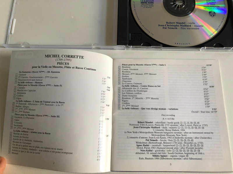 Michel Corrette - Pieces Pour La Vielle Ou Musette Flute, Et Basse Continue / Robert Mandel, Jean Christophe Maillard, Pal Nemeth / Hungaroton Classic Audio CD 2002 Stereo / HCD 32102