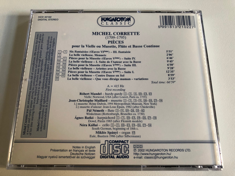 Michel Corrette - Pieces Pour La Vielle Ou Musette Flute, Et Basse Continue / Robert Mandel, Jean Christophe Maillard, Pal Nemeth / Hungaroton Classic Audio CD 2002 Stereo / HCD 32102