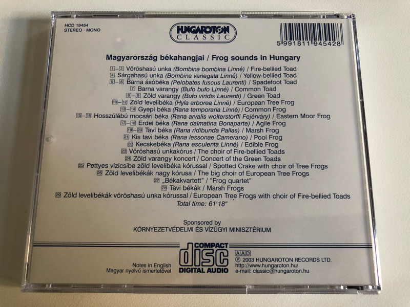 Frog Sounds In Hungary - Magyarorszag Bekahangjai / Hungaroton Classic Audio CD 2003 Stereo, Mono / HCD 19454