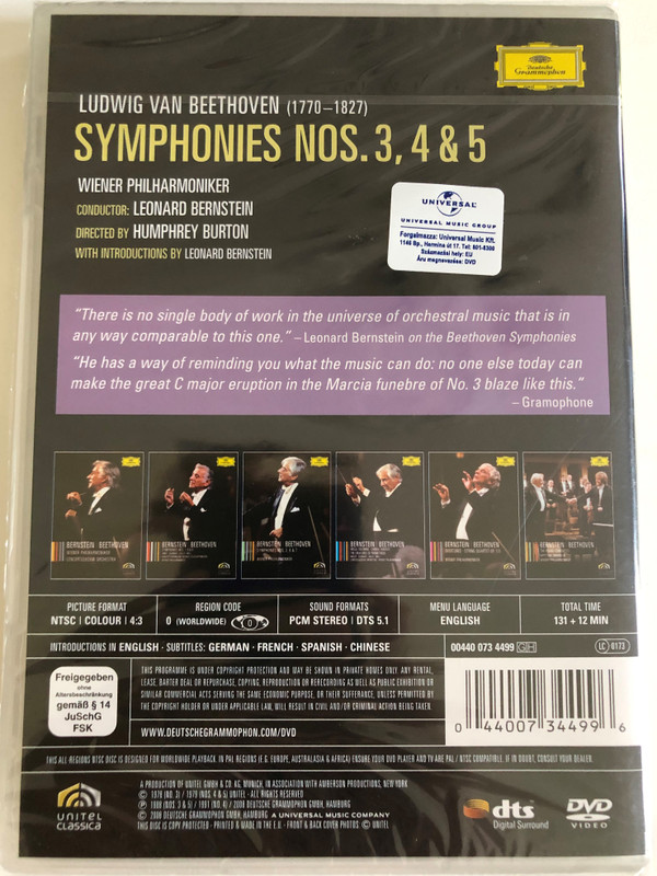 Bernstein - Beethoven / Symphonies 3, 4, & 5 / Wiener Philharmoniker / DVD / Made in the EU (044007344996)