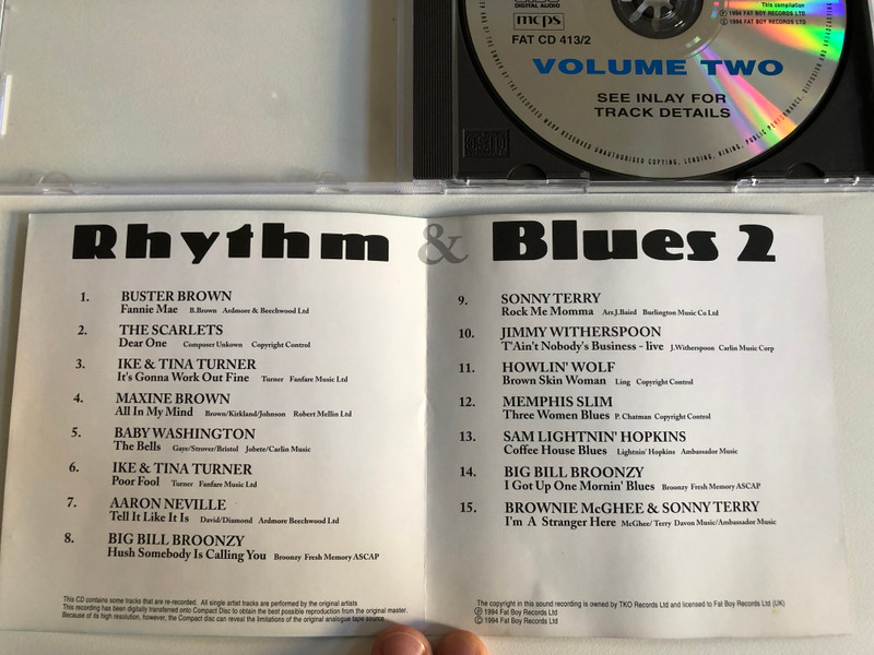 Rhythm & Blues - Volume Two / 15 Classic Artists Including: Baby Washington, Big Bill Broonzy, Memphis Slim, and many more / Fat Boy Records Audio CD 1994 / FATCD 413/2