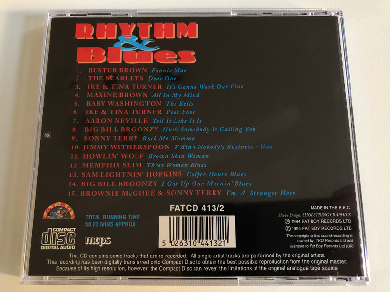 Rhythm & Blues - Volume Two / 15 Classic Artists Including: Baby Washington, Big Bill Broonzy, Memphis Slim, and many more / Fat Boy Records Audio CD 1994 / FATCD 413/2