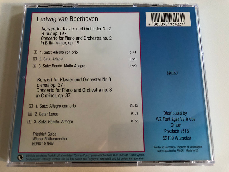 Beethoveen: Klavierkonzerte 2 & 3 / Friedrich Gulda, Horst Stein, Wiener Philharmoniker / WZ Tonträger Vertriebs GmbH Audio CD Stereo / WZ 93403