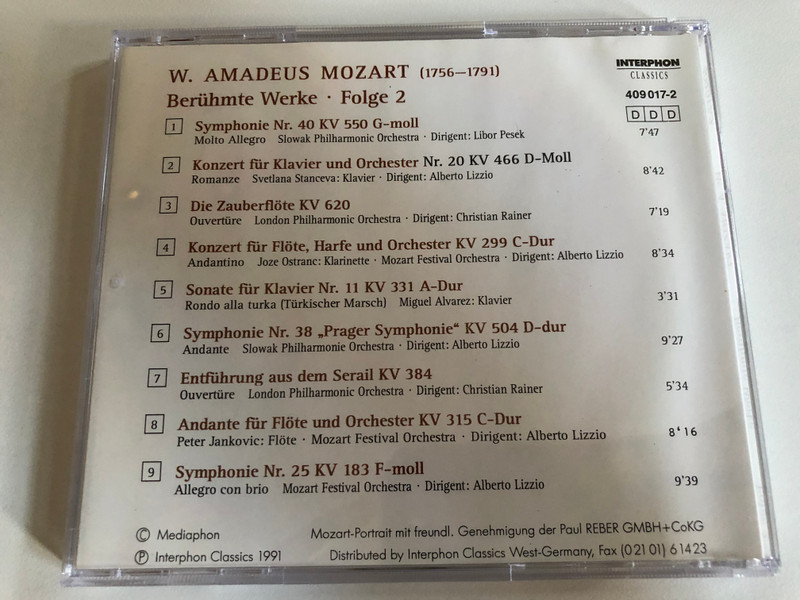 W. Amadeus Mozart - Beruhmte Werke: Famous Works, Celebres Oeuvres - Volume Two / Jubilaums-Edition / Interphon Classics Audio CD 1990 / 409 017-2