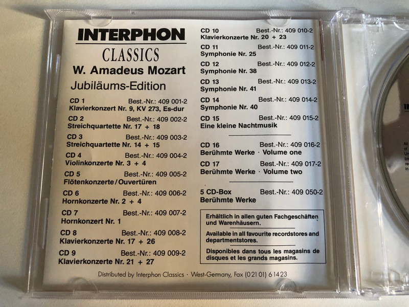 W. Amadeus Mozart - Beruhmte Werke: Famous Works, Celebres Oeuvres - Volume Two / Jubilaums-Edition / Interphon Classics Audio CD 1990 / 409 017-2