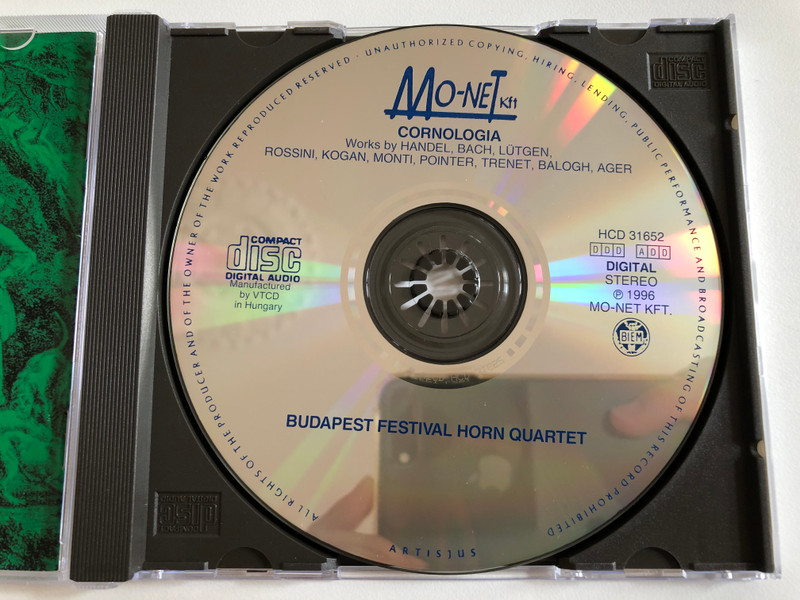 Cornologia - Bach, Handel, Rossini, Monti - Budapest Horn Quartet / Thermoscreens (GB), Shearflow Phonix (GB), Qualitair (GB), Controlled Acces (GB), Dialoc (NL) / Mo-Net Kft. Audio CD 1996 Stereo / HCD 31652
