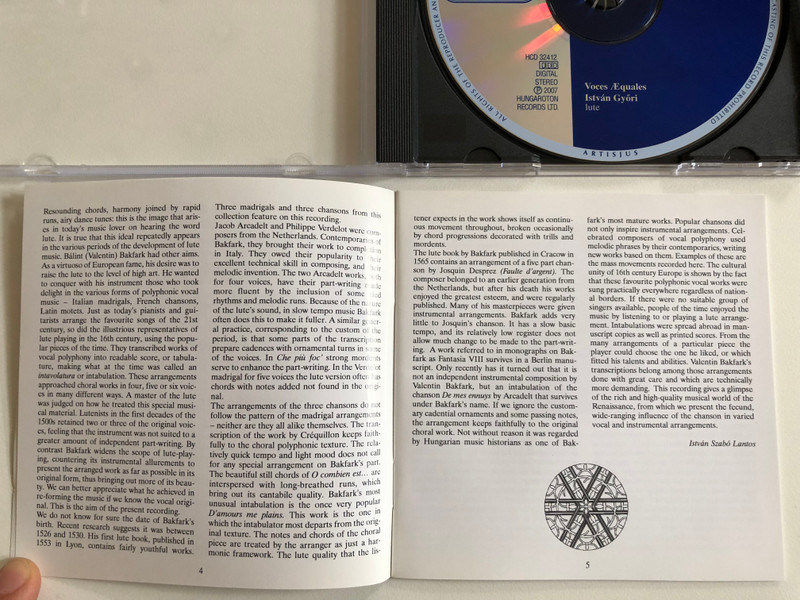 The Voice Of Bakfark / Vocal Works By Desprez, Clemens Non Papa, Arcadelt Etc. & Lute Intabulations By Valentin Bakfark / Voces Æquales, István Győri - lute / Hungaroton Classic Audio CD 2007 Stereo / HCD 32412