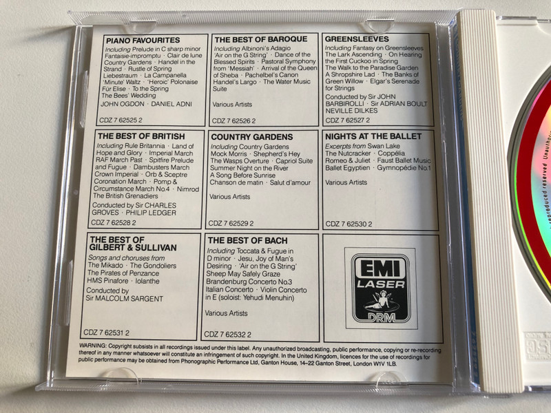 Country Gardens / Including: Country Gardens, Mock Morris, Shepherd's Hey, The Wasps Overture, Capriol Suite, Summer Night On The River, A Song Before Sunrise, Chanson De Matin, Salut D'Amour / EMI Laser Audio CD 1988 Stereo / CDZ 7 62529 2