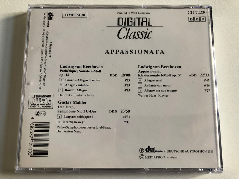 Appassionata - Beethoven, Mahler / Beethoven: Appassionata, Klaviersonate f-Moll op. 57, Pathetique, Sonate c-Moll op. 13, Mahler: Aus der 1. Symphonie / Digital Classic Audio CD Stereo / CD 72230