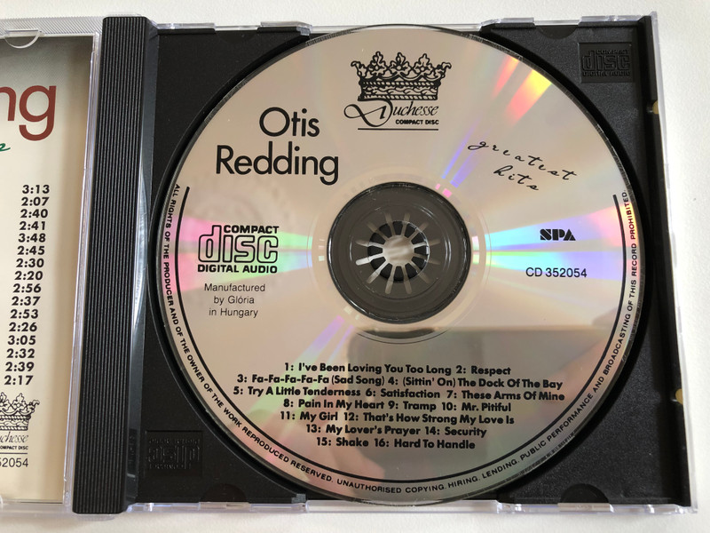 Otis Redding – Greatest Hits / Including: I've Been Loving You Too Long, Respect, Fa-Fa-Fa-Fa-Fa (Sad Song), (Sittin' On) The Dock Of The Bay, Try A Little Tenderness, That's How Strong My Love Is, My Lover's Prayer / Duchesse Audio CD 1989 / CD 352054