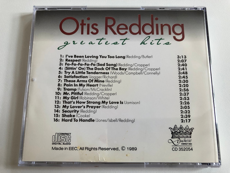 Otis Redding – Greatest Hits / Including: I've Been Loving You Too Long, Respect, Fa-Fa-Fa-Fa-Fa (Sad Song), (Sittin' On) The Dock Of The Bay, Try A Little Tenderness, That's How Strong My Love Is, My Lover's Prayer / Duchesse Audio CD 1989 / CD 352054