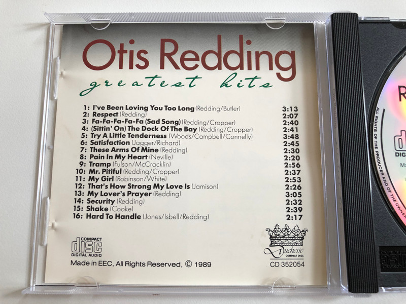 Otis Redding – Greatest Hits / Including: I've Been Loving You Too Long, Respect, Fa-Fa-Fa-Fa-Fa (Sad Song), (Sittin' On) The Dock Of The Bay, Try A Little Tenderness, That's How Strong My Love Is, My Lover's Prayer / Duchesse Audio CD 1989 / CD 352054