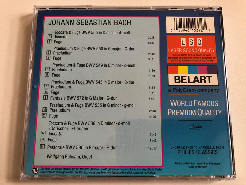 Bach: Toccata & Fuge - Wolfgang Rubsam / Belart Audio CD Stereo / 461 537-2