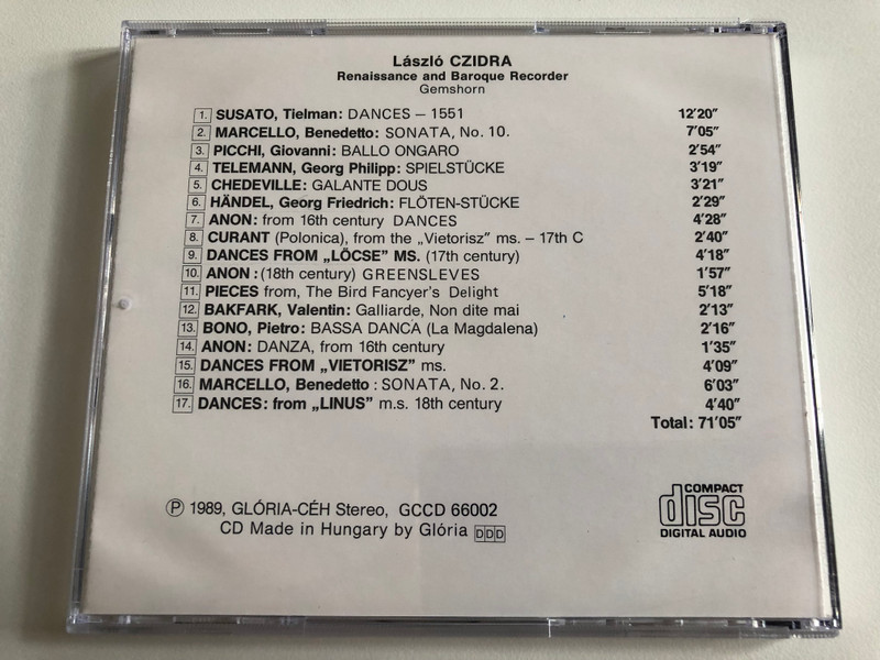 László Czidra – Renaissance And Baroque Recorder / Daniel Benko (lute & guitar), Zsolt Harsanyi (recorder) / Bakfark Consort, Camerata Hungarica, Benkő Consort, Budapest Early Music Trio / CÉH Audio CD 1989 / GCCD 66002