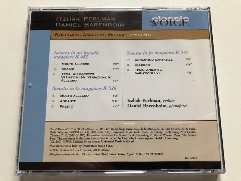 Mozart: Integrale Delle Sonate Per Violino E Pianoforte - Sonate K 376, 377, 380, 454, 481, 526, 547 / Itzhak Perlman, Daniel Barenboim / The Classic Voice Audio CD 2002 / 469 386-2