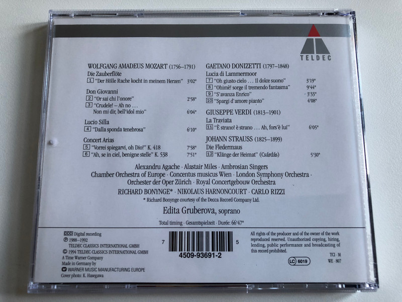 Queen Of Coloratura - Edita Gruberova - Arias By Donizetti, Mozart, J. Strauß, Verdi / TELDEC Audio CD 1994 Stereo / 4509-93691-2