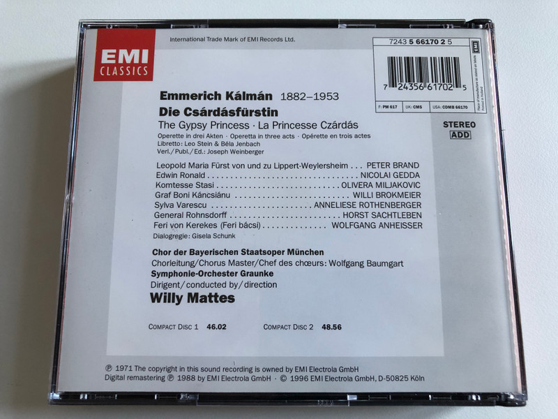 Kálmán - Rothenberger, Gedda, Miljakovic, Brokmeier, Anheisser - Die Czárdásfürstin / Chor Der Bayerischen Staatsoper, Symphonie-Orchester Graunke - Mattes / EMI Classics 2x Audio CD 1996 Stereo / 724356617025