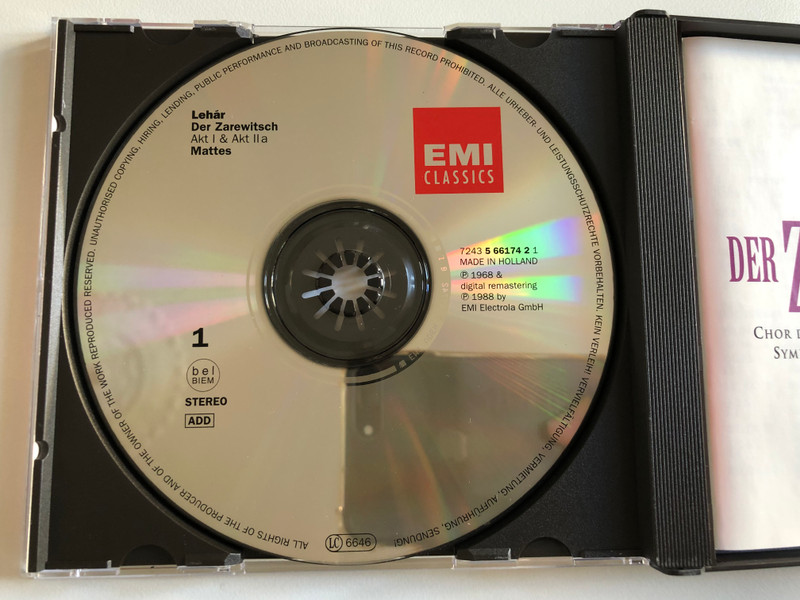 Lehár - Gedda, Streich, Friedauer, Reichart, Sohnker - Der Zarewitsch / Chor Der Bayerischen Staatsoper, Symphonie-Orchester Graunke - Mattes / EMI 2x Audio CD 1996 Stereo / 724356617322