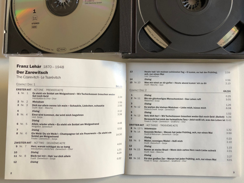 Lehár - Gedda, Streich, Friedauer, Reichart, Sohnker - Der Zarewitsch / Chor Der Bayerischen Staatsoper, Symphonie-Orchester Graunke - Mattes / EMI 2x Audio CD 1996 Stereo / 724356617322