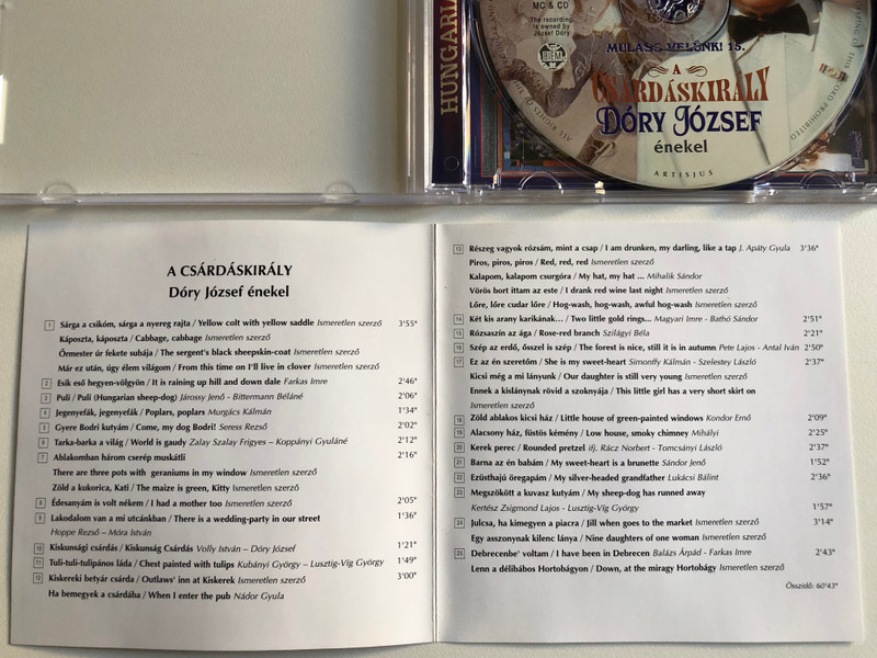 Mulass Velünk! - 15. / A Csardaskiraly - Hungarian Songs / Dory Jozsef enekel / Piros, piros, piros, Voros bort ittam az este, Reszeg vagyok rozsam, mint a csap, Edesanyam is volt nekem / LaMarTi Audio CD 2002 Stereo / LCD 1036