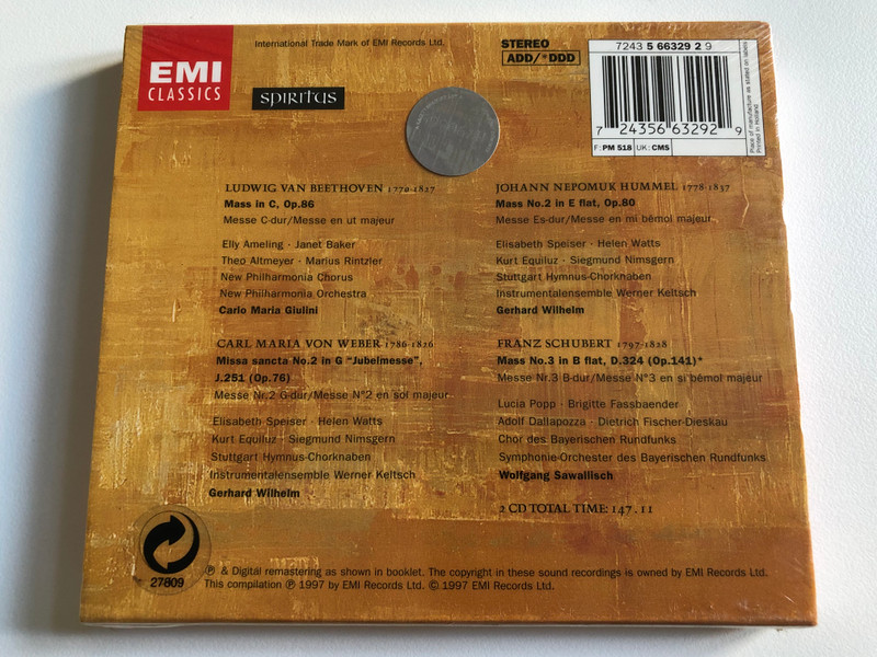 Spiritus - Beethoven: Mass in C, Weber: Mass in G, Hummel: Mass in E flat, Schubert: Mass in B flat / Giulini, Wilhelm, Sawallisch / EMI Classics 2x Audio CD 1997 Stereo / 724356632929