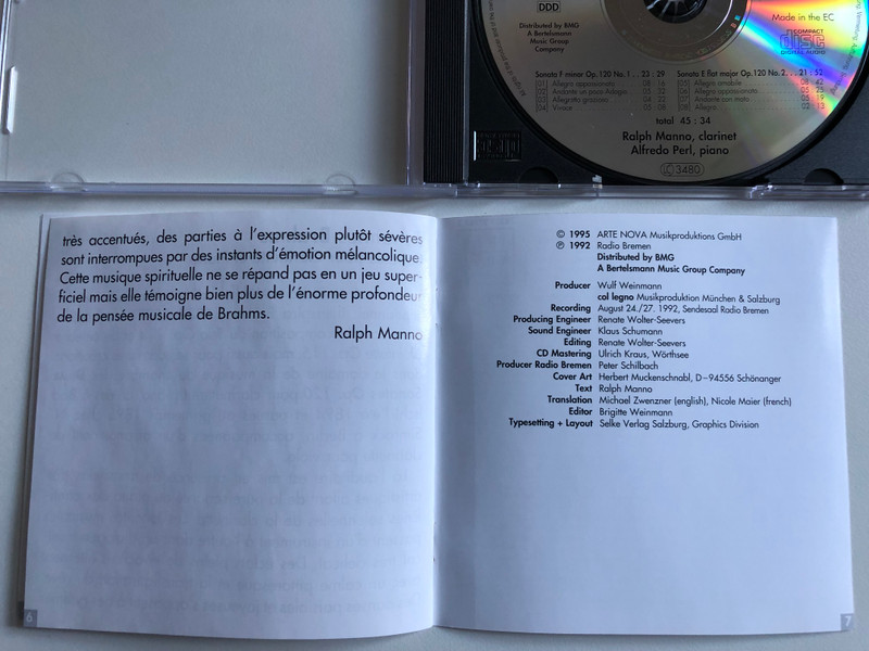 Sonatas For Clarinet And Piano - Johannes Brahms -Ralph Manno (clarinet), Alfredo Perl (piano) / Arte Nova Classics Audio CD 1995 / 74321 27767 2