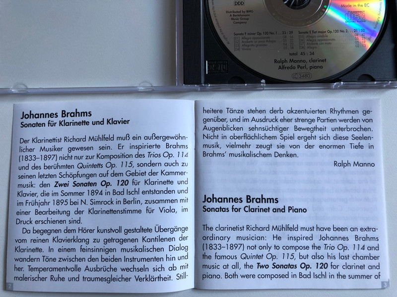 Sonatas For Clarinet And Piano - Johannes Brahms -Ralph Manno (clarinet), Alfredo Perl (piano) / Arte Nova Classics Audio CD 1995 / 74321 27767 2