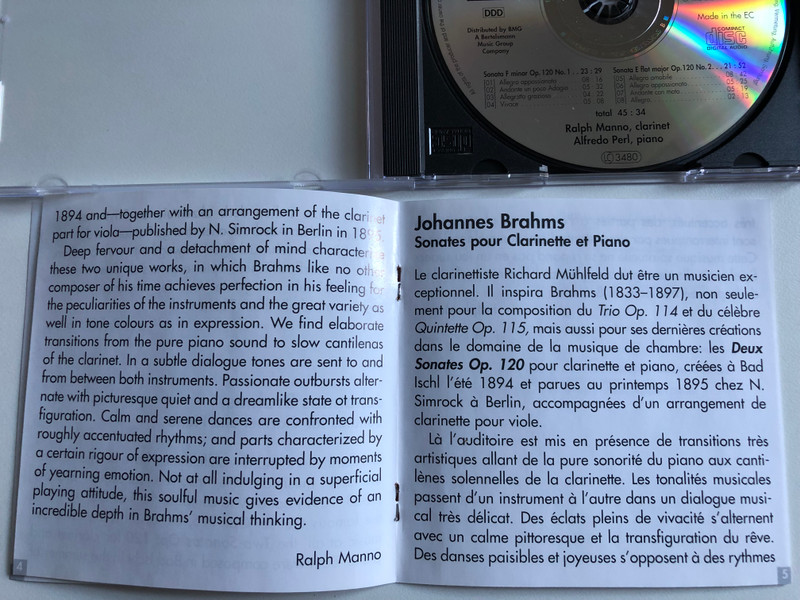 Sonatas For Clarinet And Piano - Johannes Brahms -Ralph Manno (clarinet), Alfredo Perl (piano) / Arte Nova Classics Audio CD 1995 / 74321 27767 2