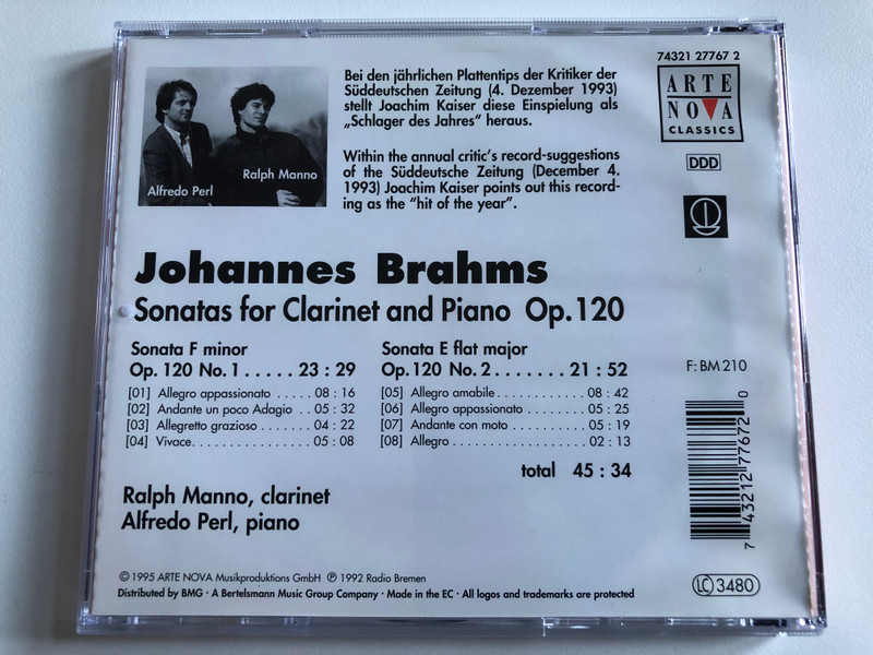 Sonatas For Clarinet And Piano - Johannes Brahms -Ralph Manno (clarinet), Alfredo Perl (piano) / Arte Nova Classics Audio CD 1995 / 74321 27767 2