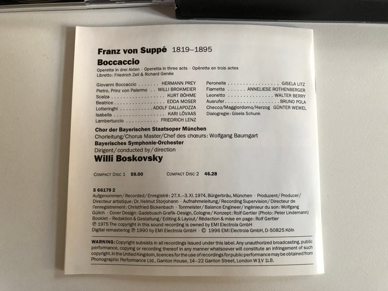 Suppé - Rothenberger, Prey, Moser, Böhme, Dallapozza, Berry - Boccaccio - Chor Der Bayerischen Staatsoper, Bayerisches Symphonie-Orchester - Boskovsky / EMI Classics 2x Audio CD 1990 Stereo / 724356617926