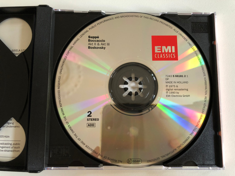 Suppé - Rothenberger, Prey, Moser, Böhme, Dallapozza, Berry - Boccaccio - Chor Der Bayerischen Staatsoper, Bayerisches Symphonie-Orchester - Boskovsky / EMI Classics 2x Audio CD 1990 Stereo / 724356617926