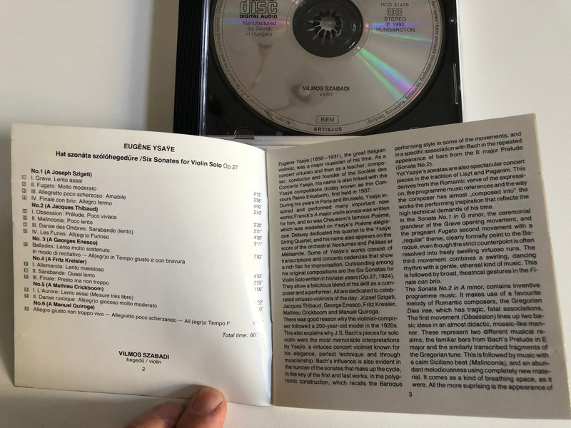 Eugène Ysaÿe – Six Sonatas For Violin Solo - Vilmos Szabadi / Hungaroton Audio CD 1992 Stereo / HCD 31476