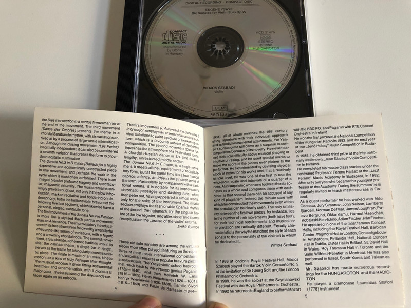 Eugène Ysaÿe – Six Sonatas For Violin Solo - Vilmos Szabadi / Hungaroton Audio CD 1992 Stereo / HCD 31476