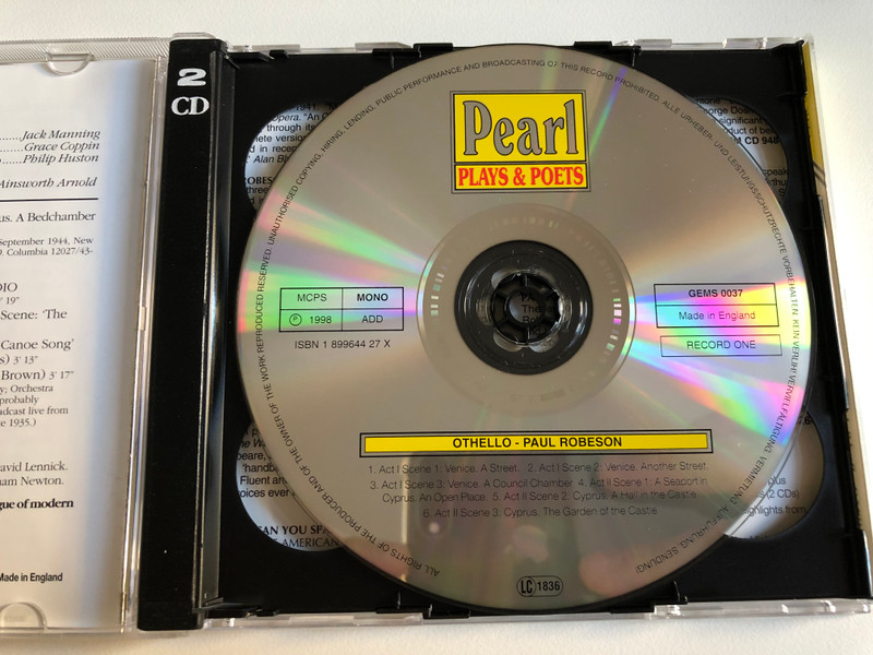 Paul Robeson - Othello / William Shakspeare, With excerpts from Sanders of The River / Pearl Plays & Poets 2x Audio CD 1998 Mono / GEMS 0037