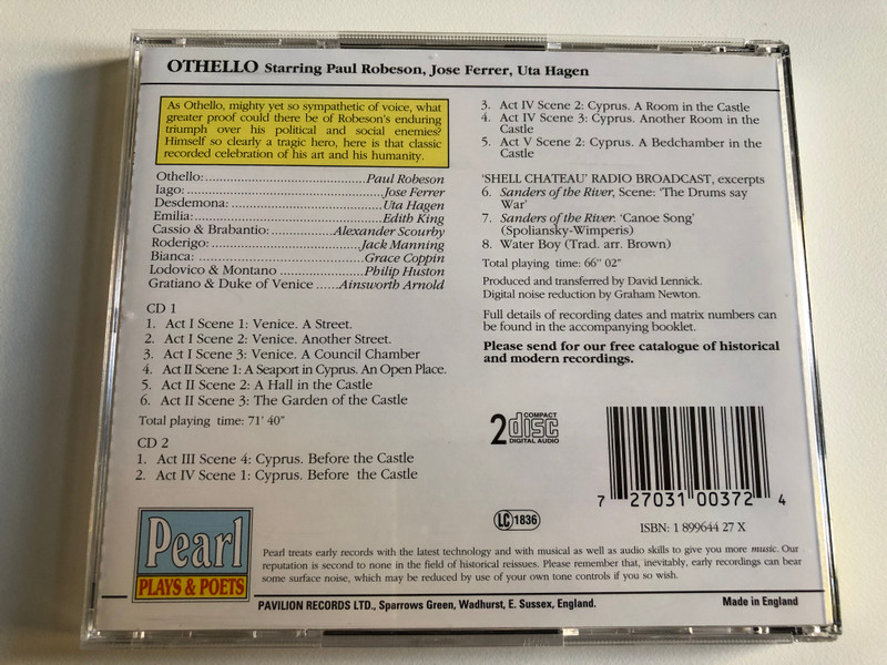 Paul Robeson - Othello / William Shakspeare, With excerpts from Sanders of The River / Pearl Plays & Poets 2x Audio CD 1998 Mono / GEMS 0037