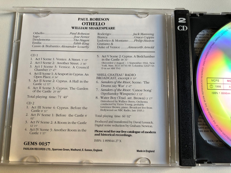 Paul Robeson - Othello / William Shakspeare, With excerpts from Sanders of The River / Pearl Plays & Poets 2x Audio CD 1998 Mono / GEMS 0037