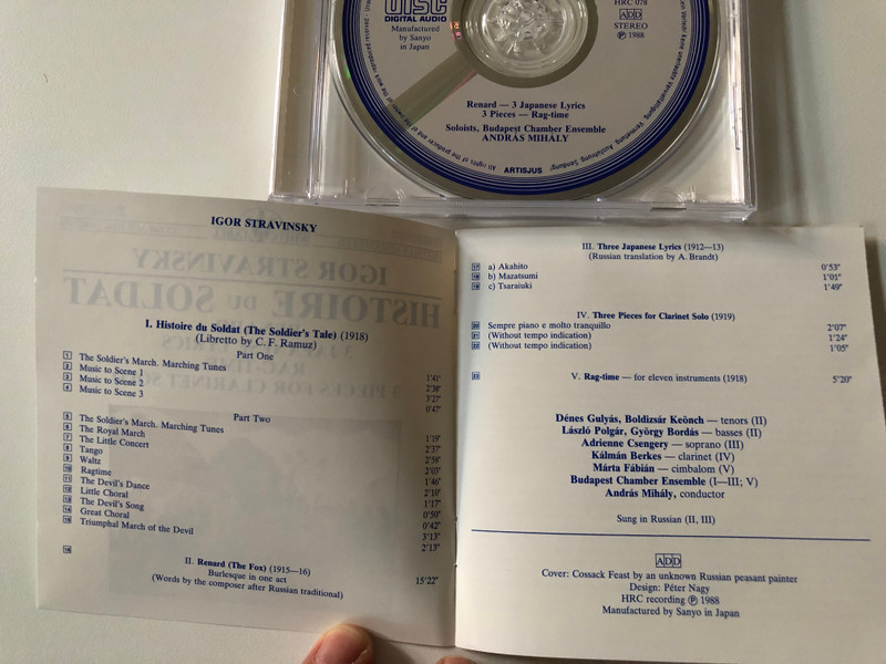 Igor Stravinsky - Histoire Du Soldat, Renard, Three Japanese Lyrics, Rag-time, 3 Pieces For Clarinet Solo / White Label / Hungaroton Audio CD 1988 Stereo / HRC 078