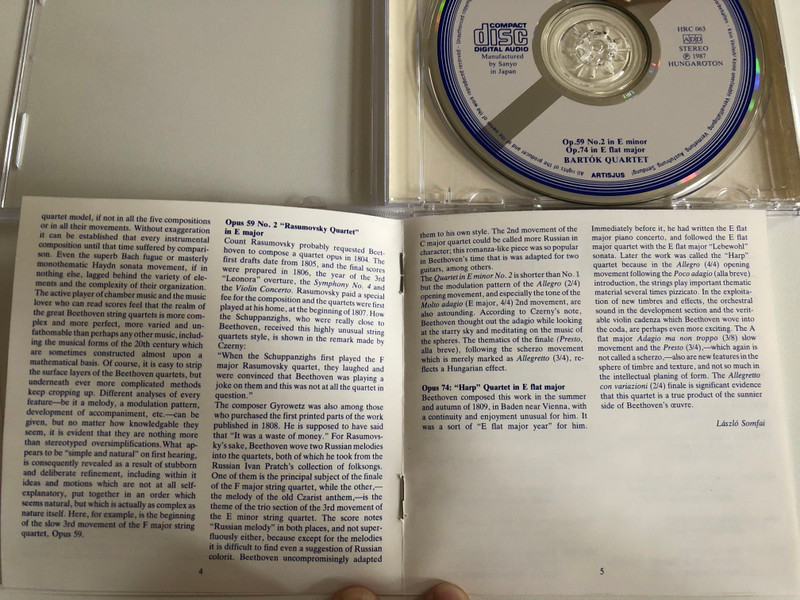 Beethoven - String Quartets Op. 59 No. 2 In E Minor, Op. 74 In E Flat Major / Bartók Quartet / White Label / Hungaroton Audio CD 1987 Stereo / HRC 063 