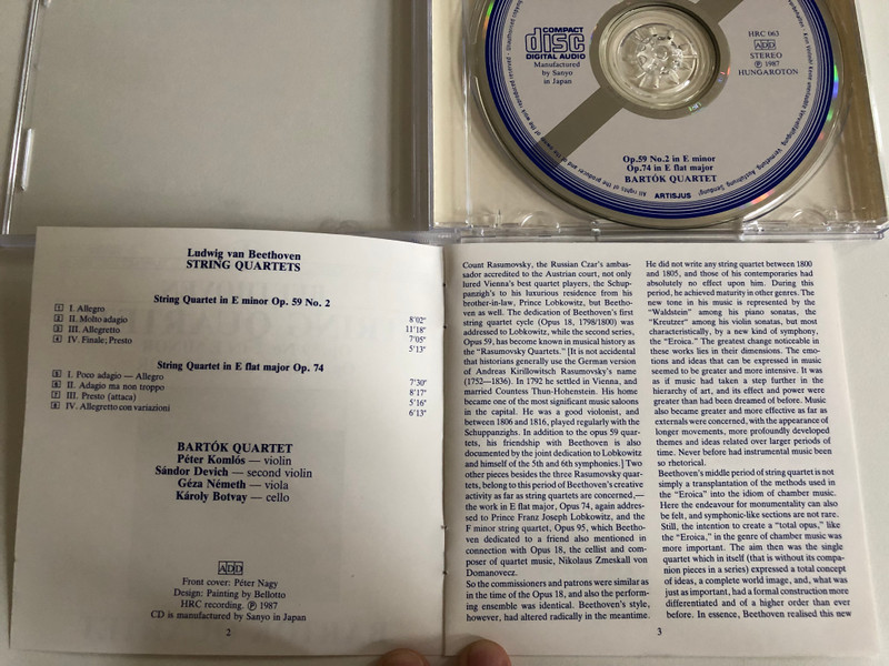 Beethoven - String Quartets Op. 59 No. 2 In E Minor, Op. 74 In E Flat Major / Bartók Quartet / White Label / Hungaroton Audio CD 1987 Stereo / HRC 063 