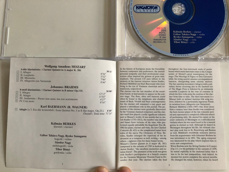 Mozart, Brahms: Clarinet Quintets, Baermann (Wagner): Adagio / Kalman Berkes, Gabor Takacs-Nagy, Sandor Nagy, Ryoko Sunagawa, Tibor Benyi / Hungaroton Classic Audio CD 2003 Stereo / HCD 32170