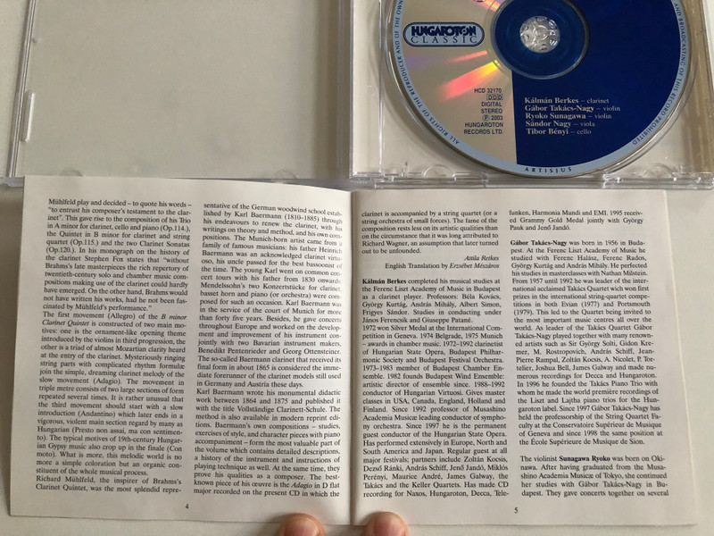 Mozart, Brahms: Clarinet Quintets, Baermann (Wagner): Adagio / Kalman Berkes, Gabor Takacs-Nagy, Sandor Nagy, Ryoko Sunagawa, Tibor Benyi / Hungaroton Classic Audio CD 2003 Stereo / HCD 32170