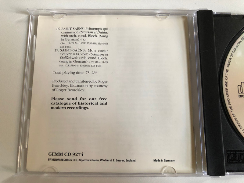 Sigrid Onégin / Gluck, Mozart, Donizetti, Meyerbeer, Brahms, Liszt, Schubert, Saint-Saens / Pearl Audio CD 1997 Mono / GEMM CD 9274