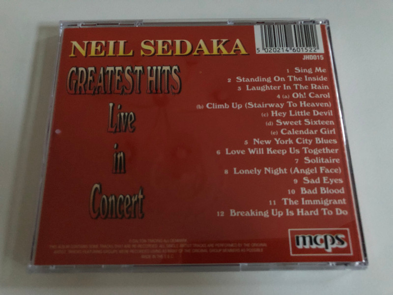Neil Sedaka – Greatest Hits Live In Concert / Includes: Oh! Carol, Sweet Sixteen, Laughter In The Rain, Solitaire, Breaking Up Is Hard To Do, and many many more... / Tring Audio CD / JHD015