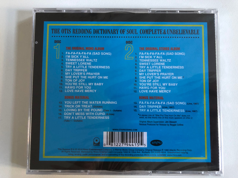 Complete & Unbelievable... The Otis Redding Dictionary Of Soul - 50th Anniversary Edition / Featuring: ''Try A Little Tenderness'' & ''Fa-Fa-Fa-Fa-Fa (Sad Song)'' / ATCO Records 2x Audio CD 2016 / 081227944155 