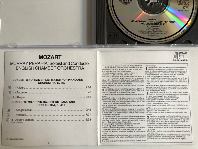 Mozart: Piano Concertos Nos. 15 & 16 - Murray Perahia / English Chamber Orchestra / CBS Masterworks Audio CD 1983 Stereo / MK 37824
